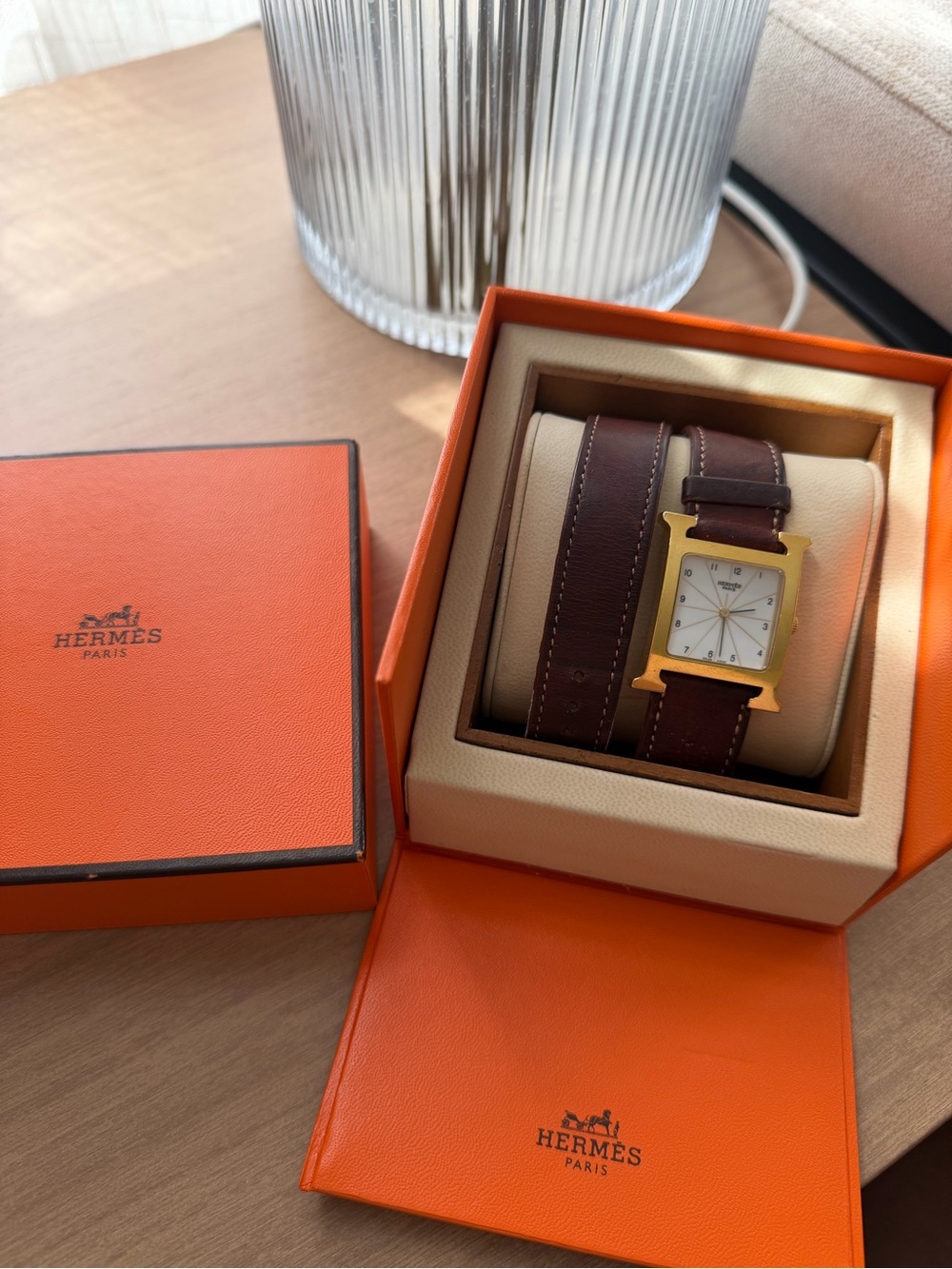 Hermes Heure H Double Leather Strap Watch - Brown/Gold
